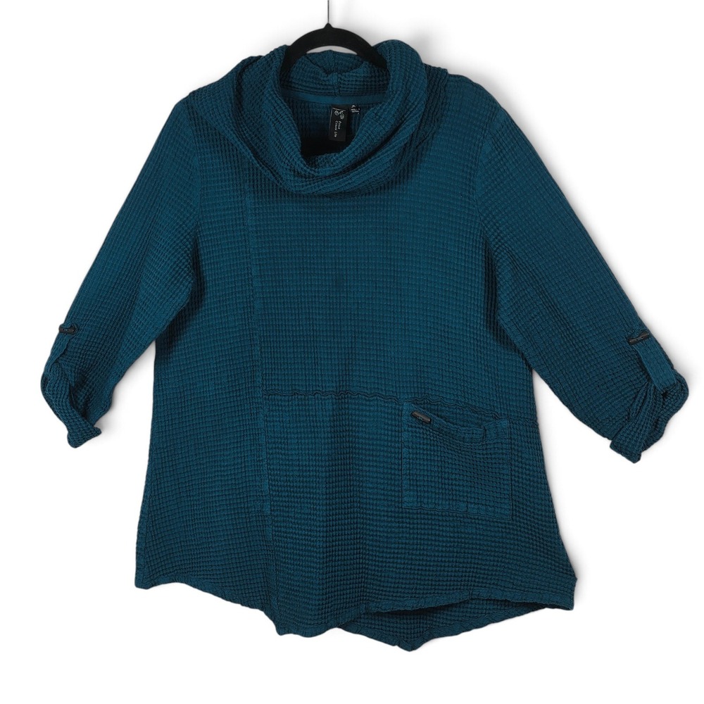 Focus Casual Life Cowl Neck Coastal Cotton Blue Waffle Thermal Asymmetrical MED